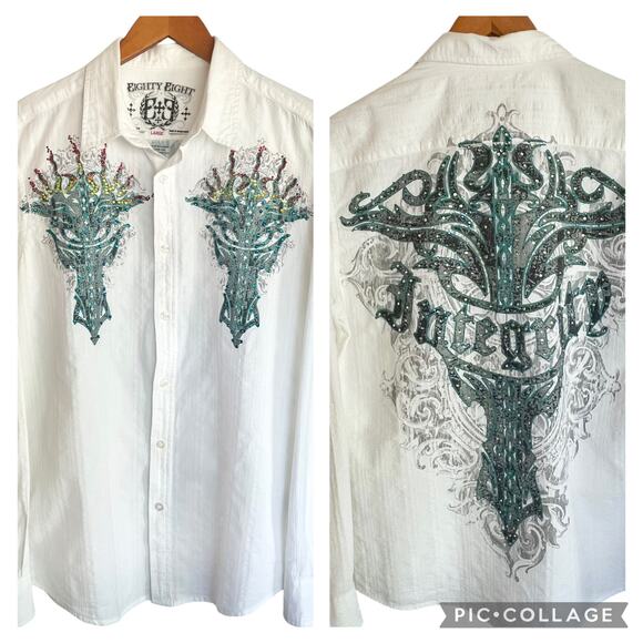 VTG Eighty Eight White Button Up Affliction Style LARGE Gothic Rock Y2K Grunge - Picture 1 of 10